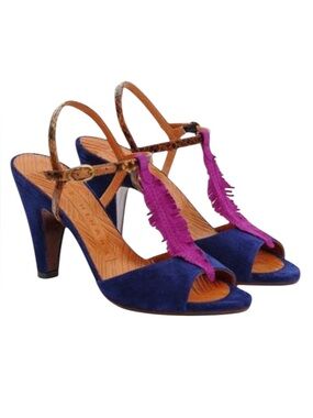 Chie Mihara Verve Feather Heels T-Strap Sandals Suede Pumps Snakeskin 37.5
